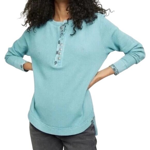 NWT Free People Aqua Henley Distressed Relaxed Thermal |  Coastal Boho Grunge M - Picture 1 of 16